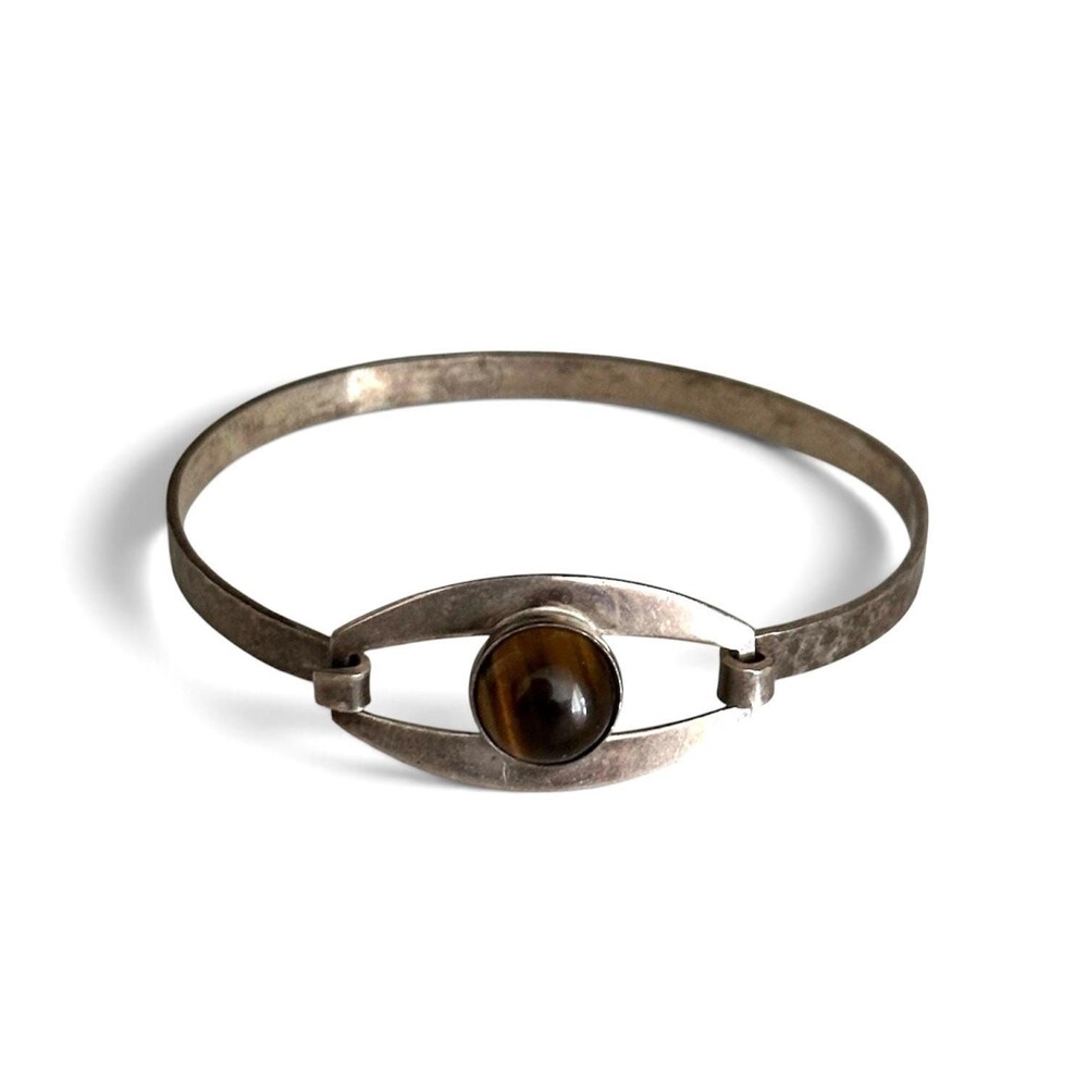 Vintage Israel 925 Sterling Silver Tiger Eye Modernist Hinged Bangle Bracelet